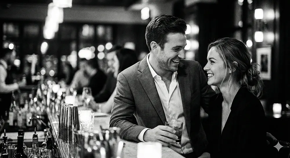 A man at a bar, reading the room, the woman beside him already smiling